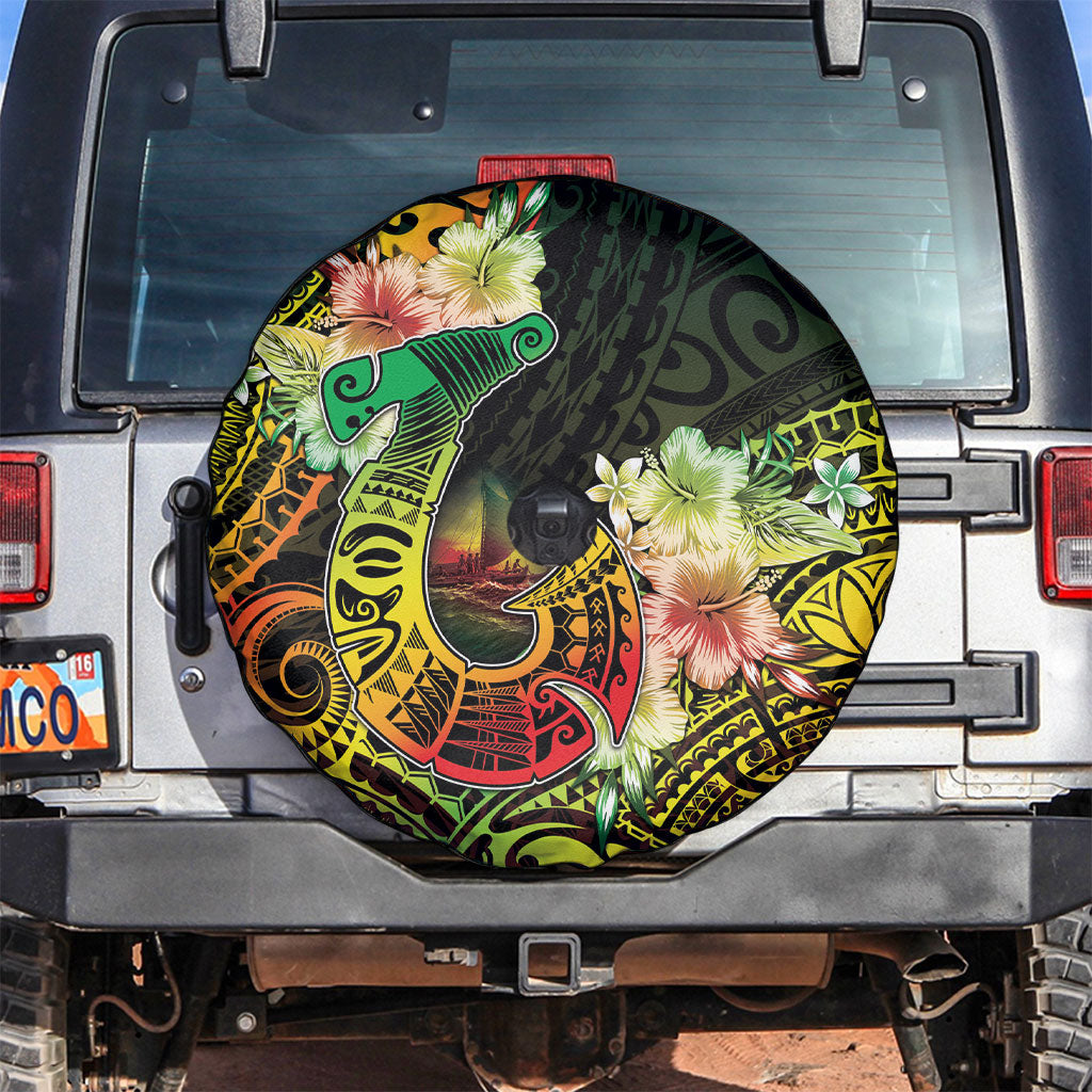 Hawaii Discoverers Day Spare Tire Cover Polynesian Fish Hook With Hibiscus Reggae