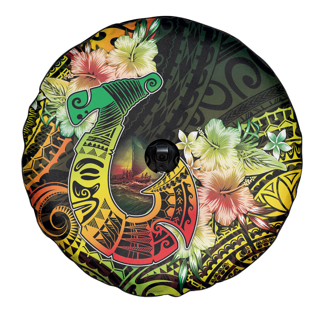 Hawaii Discoverers Day Spare Tire Cover Polynesian Fish Hook With Hibiscus Reggae