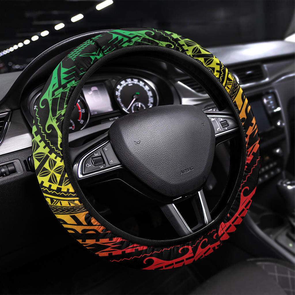 Hawaii Discoverers Day Steering Wheel Cover Polynesian Fish Hook With Hibiscus Reggae