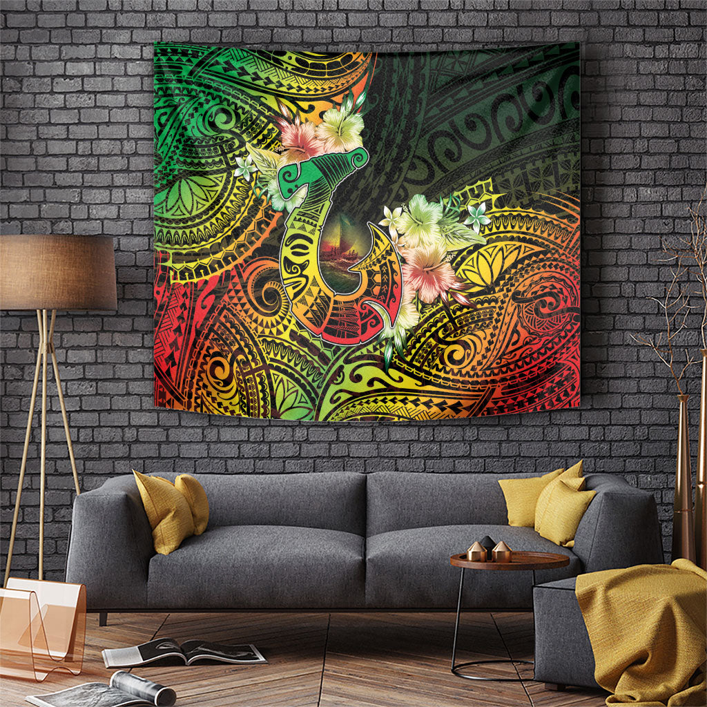 Hawaii Discoverers Day Tapestry Polynesian Fish Hook With Hibiscus Reggae LT05 Reggae - Polynesian Pride