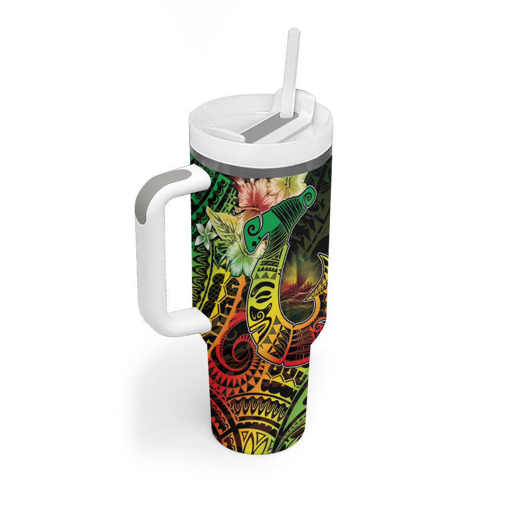 Hawaii Discoverers Day Tumbler With Handle Polynesian Fish Hook With Hibiscus Reggae