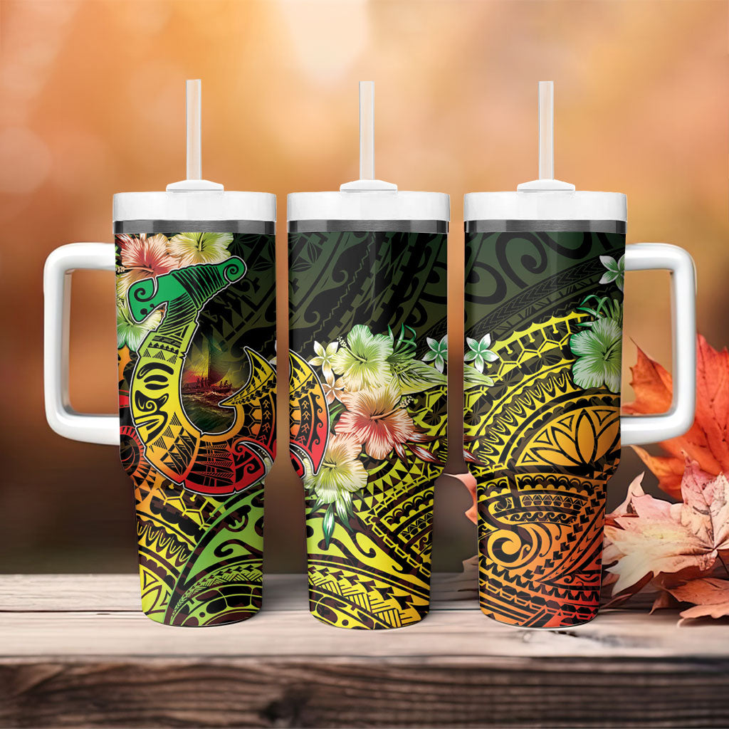 Hawaii Discoverers Day Tumbler With Handle Polynesian Fish Hook With Hibiscus Reggae
