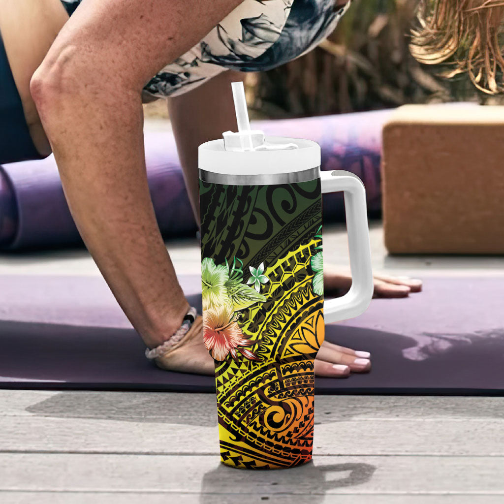 Hawaii Discoverers Day Tumbler With Handle Polynesian Fish Hook With Hibiscus Reggae