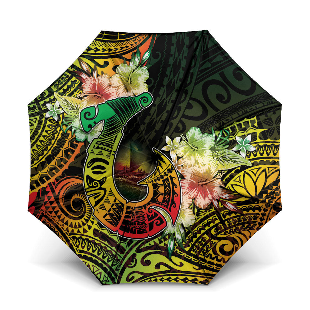 Hawaii Discoverers Day Umbrella Polynesian Fish Hook With Hibiscus Reggae