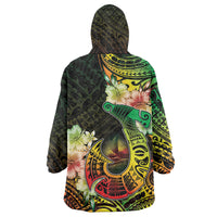 Hawaii Discoverers Day Wearable Blanket Hoodie Polynesian Fish Hook With Hibiscus Reggae