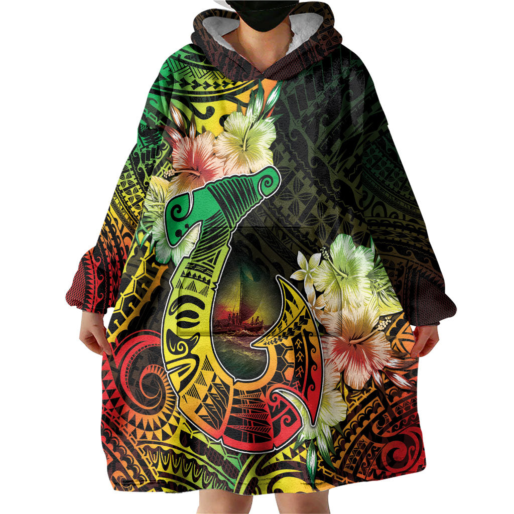 Hawaii Discoverers Day Wearable Blanket Hoodie Polynesian Fish Hook With Hibiscus Reggae