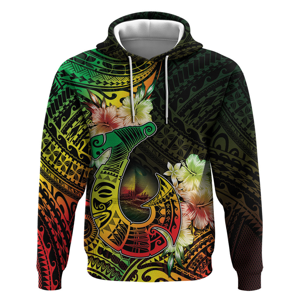 Hawaii Discoverers Day Zip Hoodie Polynesian Fish Hook With Hibiscus Reggae