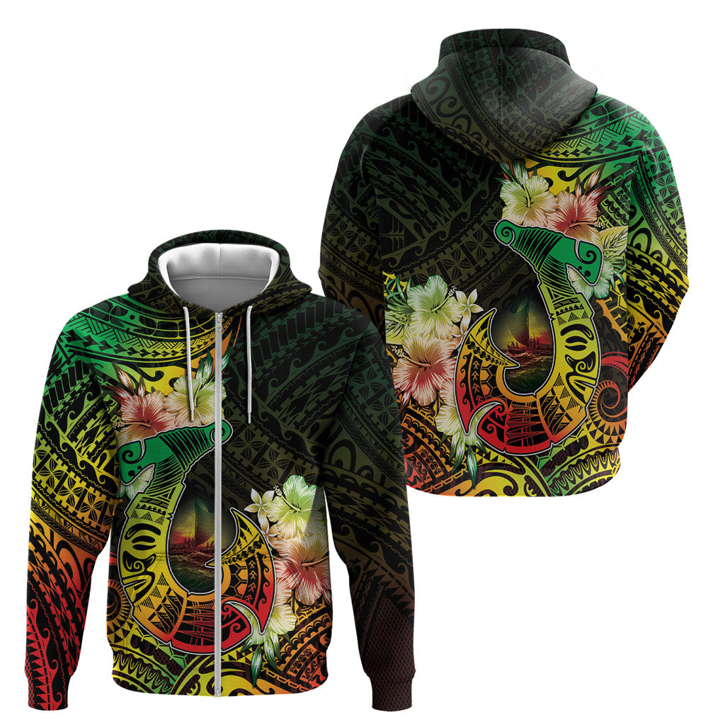 Hawaii Discoverers Day Zip Hoodie Polynesian Fish Hook With Hibiscus Reggae