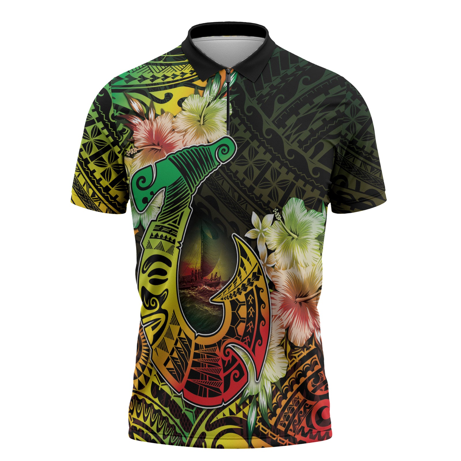 Hawaii Discoverers Day Zipper Polo Shirt Polynesian Fish Hook With Hibiscus Reggae