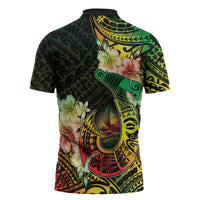 Hawaii Discoverers Day Zipper Polo Shirt Polynesian Fish Hook With Hibiscus Reggae