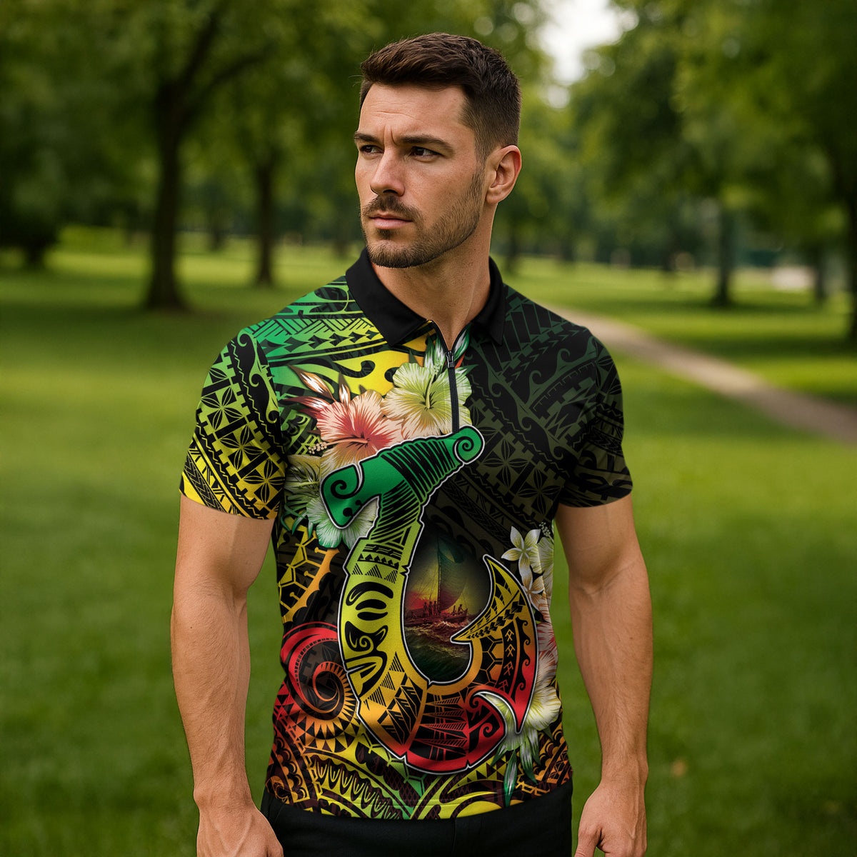 Hawaii Discoverers Day Zipper Polo Shirt Polynesian Fish Hook With Hibiscus Reggae