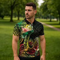 Hawaii Discoverers Day Zipper Polo Shirt Polynesian Fish Hook With Hibiscus Reggae