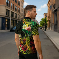 Hawaii Discoverers Day Zipper Polo Shirt Polynesian Fish Hook With Hibiscus Reggae