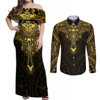 Personalized Polynesia Couples Matching Off Shoulder Maxi Dress and Long Sleeve Button Shirt With Christian Cross LT05 Gold - Polynesian Pride