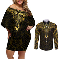 Personalized Polynesia Couples Matching Off Shoulder Short Dress and Long Sleeve Button Shirt With Christian Cross LT05 Gold - Polynesian Pride