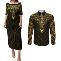 Personalized Polynesia Couples Matching Puletasi Dress and Long Sleeve Button Shirt With Christian Cross LT05 Gold - Polynesian Pride