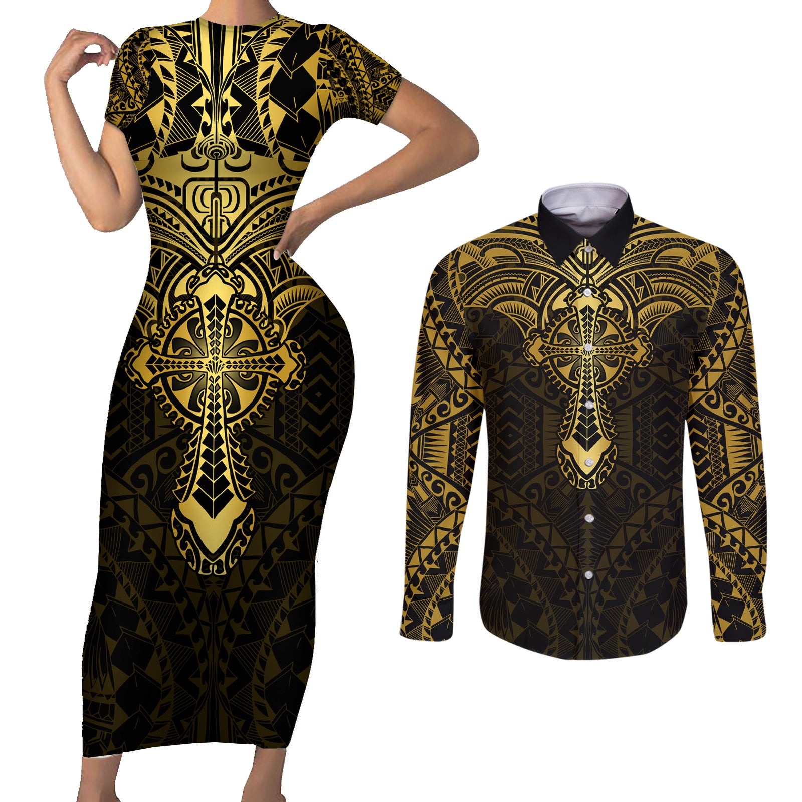 Personalized Polynesia Couples Matching Short Sleeve Bodycon Dress and Long Sleeve Button Shirt With Christian Cross LT05 Gold - Polynesian Pride