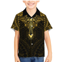 Personalized Polynesia Family Matching Mermaid Dress and Hawaiian Shirt With Christian Cross LT05 Son's Shirt Gold - Polynesian Pride
