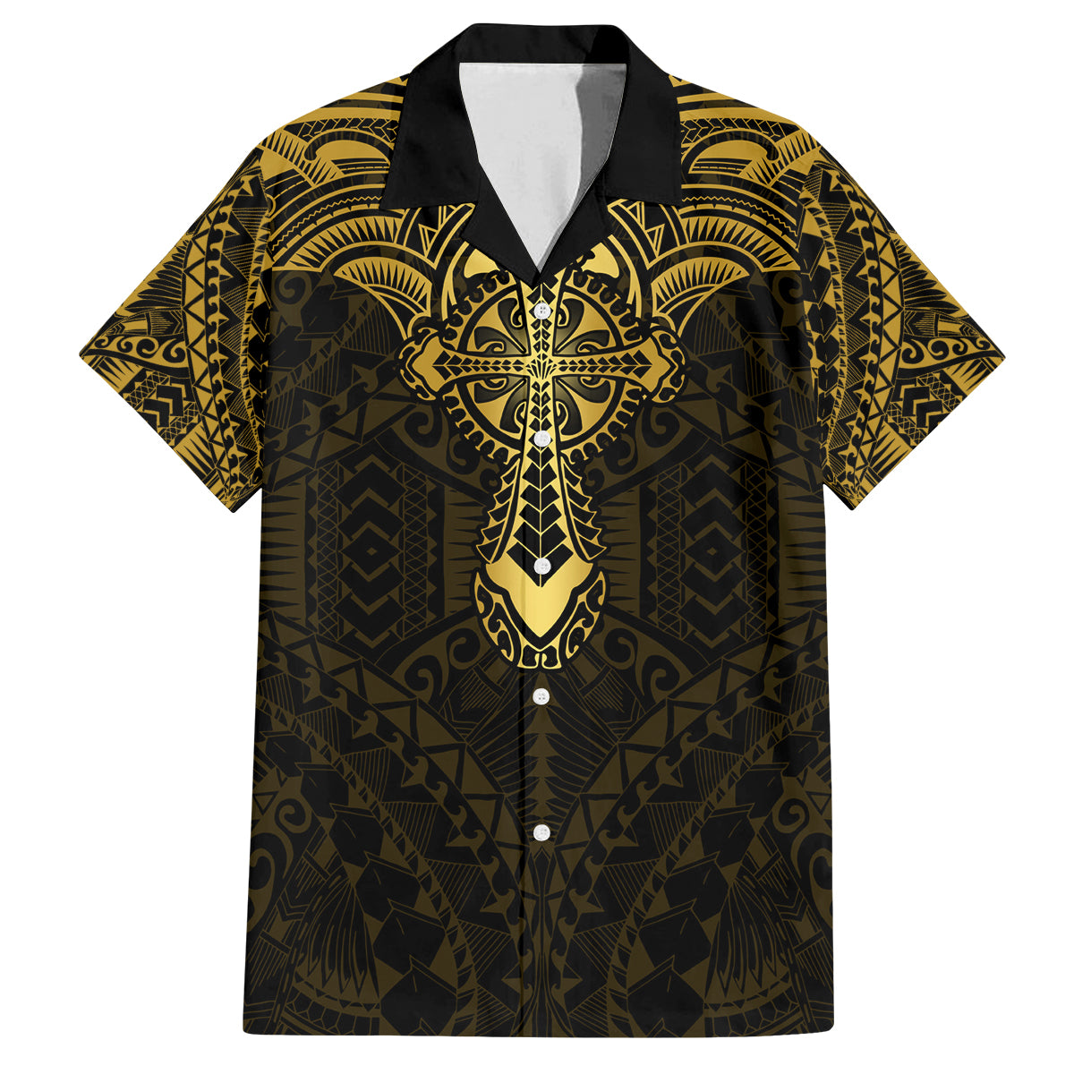 Personalized Polynesia Family Matching Off Shoulder Maxi Dress and Hawaiian Shirt With Christian Cross LT05 Dad's Shirt - Short Sleeve Gold - Polynesian Pride