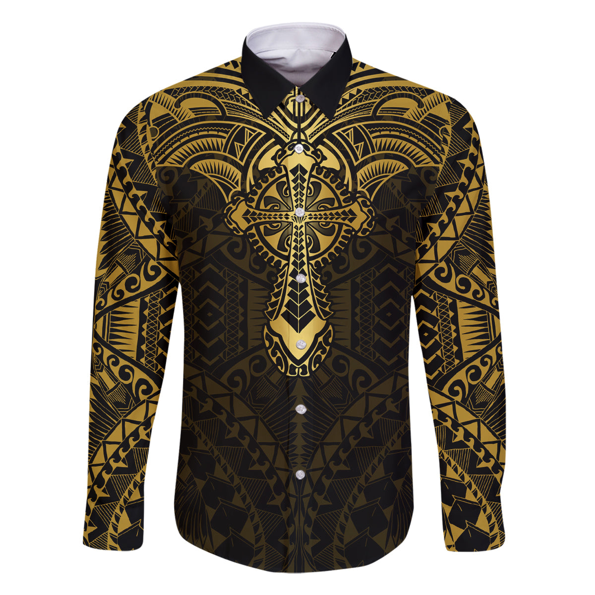 Personalized Polynesia Family Matching Off Shoulder Short Dress and Hawaiian Shirt With Christian Cross LT05 Dad's Shirt - Long Sleeve Gold - Polynesian Pride