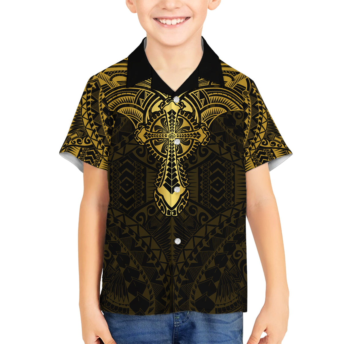 Personalized Polynesia Family Matching Off Shoulder Short Dress and Hawaiian Shirt With Christian Cross LT05 Son's Shirt Gold - Polynesian Pride