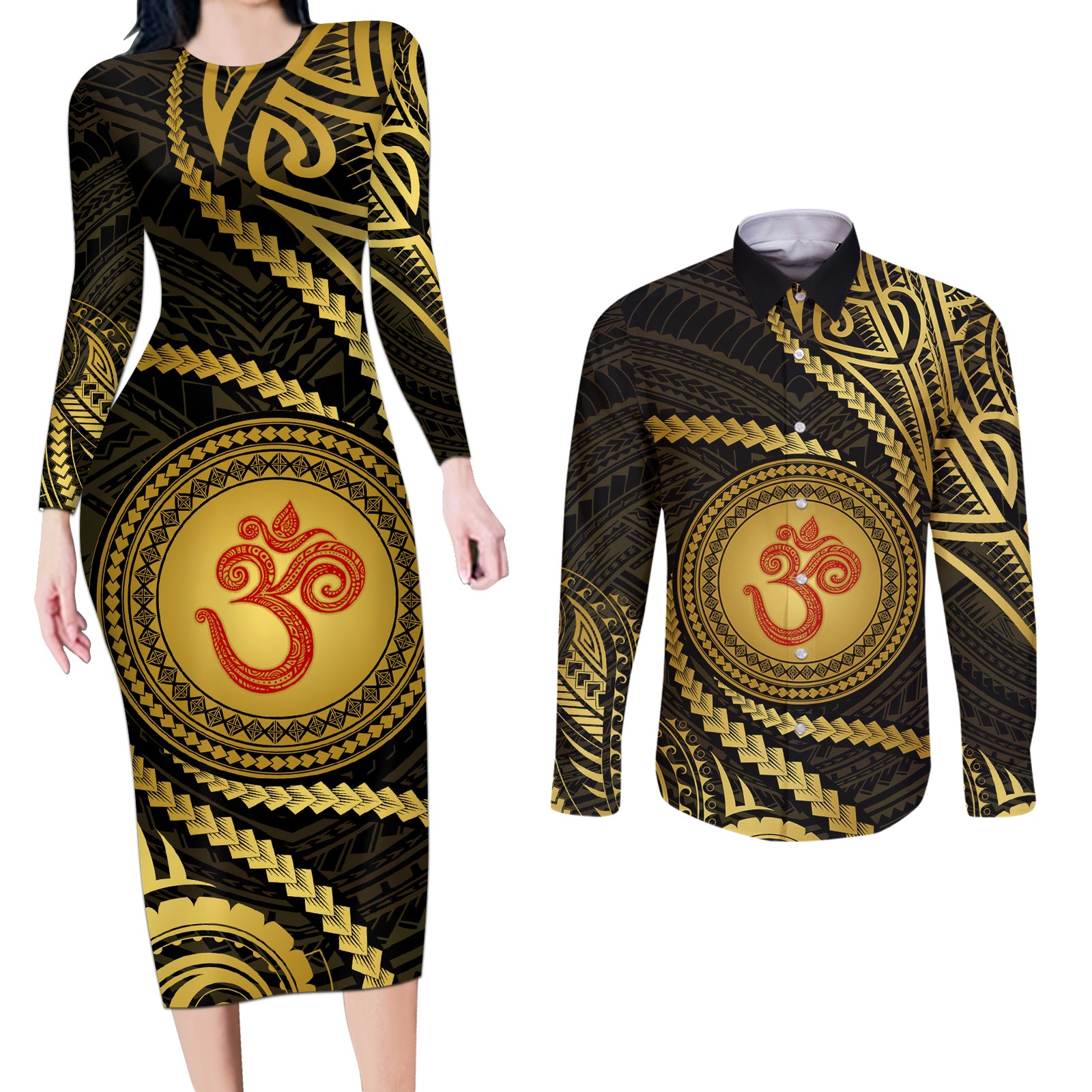 Polynesia Couples Matching Long Sleeve Bodycon Dress and Long Sleeve Button Shirt With Hindu Om Symbol LT05 Gold - Polynesian Pride