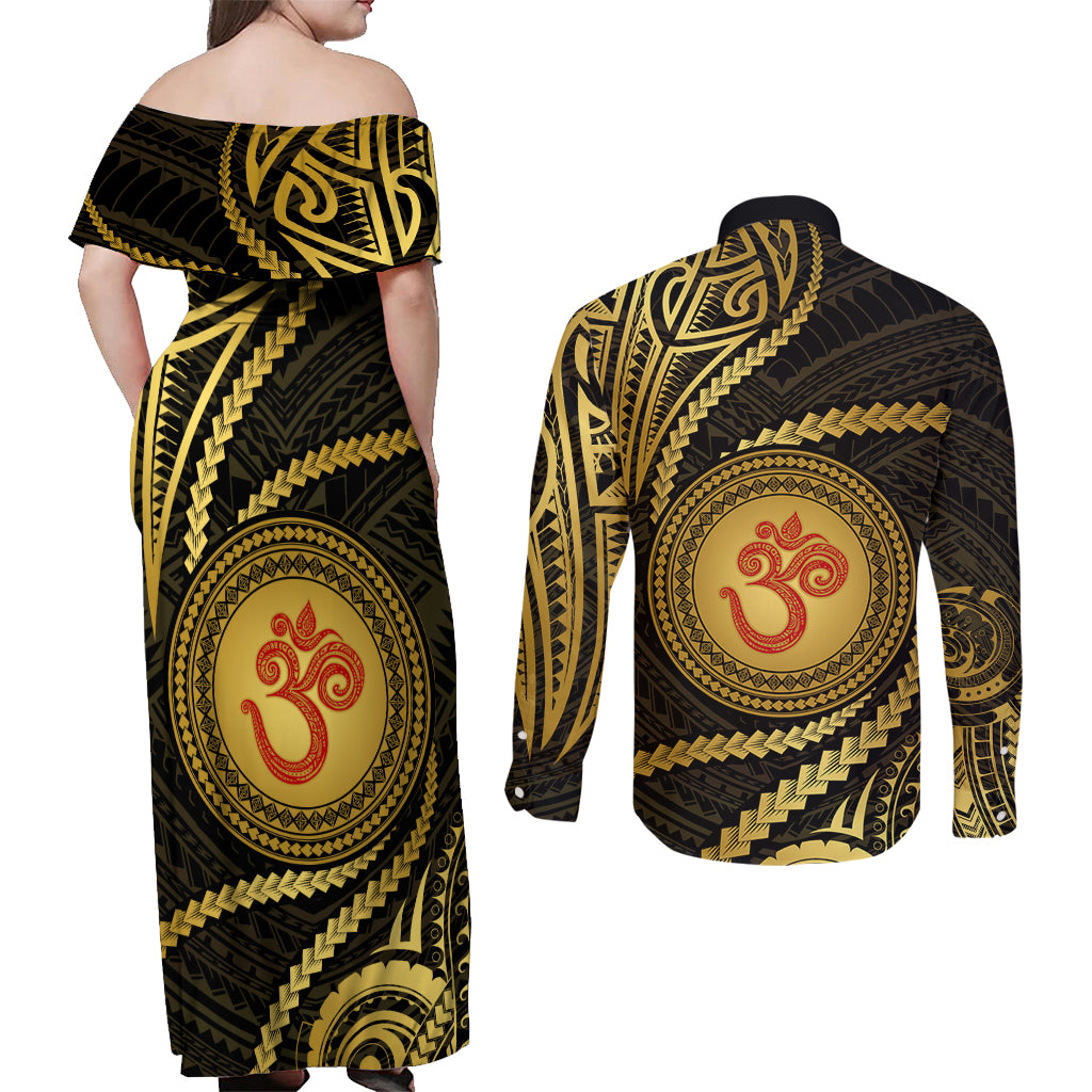 Polynesia Couples Matching Off Shoulder Maxi Dress and Long Sleeve Button Shirt With Hindu Om Symbol LT05 - Polynesian Pride