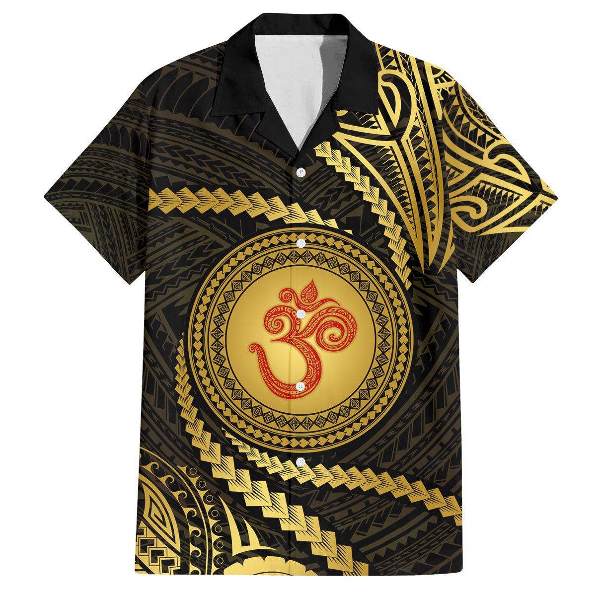 Polynesia Family Matching Off Shoulder Short Dress and Hawaiian Shirt With Hindu Om Symbol LT05 Dad's Shirt - Short Sleeve Gold - Polynesian Pride