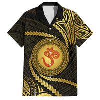 Polynesia Family Matching Off Shoulder Short Dress and Hawaiian Shirt With Hindu Om Symbol LT05 Dad's Shirt - Short Sleeve Gold - Polynesian Pride