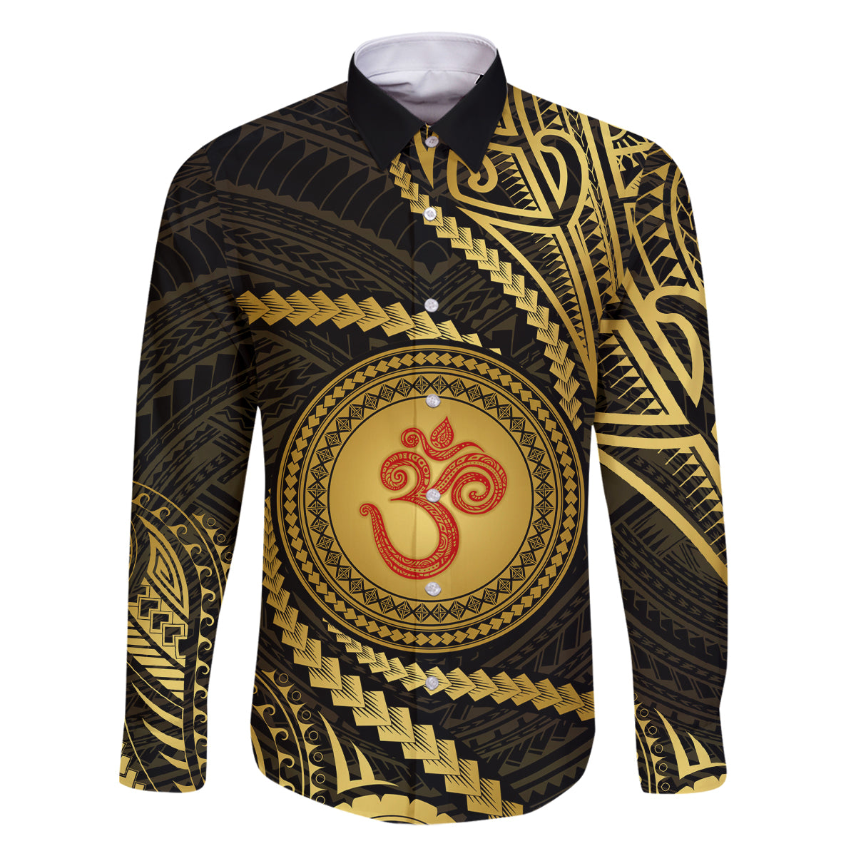 Polynesia Family Matching Summer Maxi Dress and Hawaiian Shirt With Hindu Om Symbol LT05 Dad's Shirt - Long Sleeve Gold - Polynesian Pride
