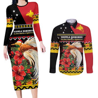 Papua New Guinea Christmas Couples Matching Long Sleeve Bodycon Dress and Long Sleeve Button Shirt Bird Of Paradise Hamamas Krismas LT05 Black - Polynesian Pride