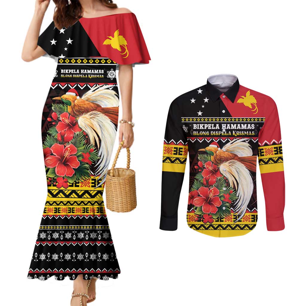 Papua New Guinea Christmas Couples Matching Mermaid Dress and Long Sleeve Button Shirt Bird Of Paradise Hamamas Krismas LT05 Black - Polynesian Pride