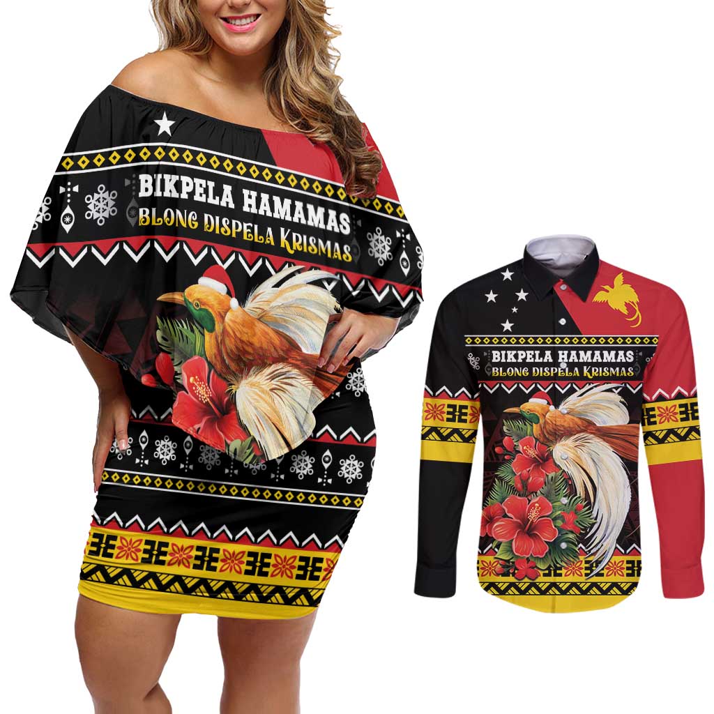 Papua New Guinea Christmas Couples Matching Off Shoulder Short Dress and Long Sleeve Button Shirt Bird Of Paradise Hamamas Krismas LT05 Black - Polynesian Pride