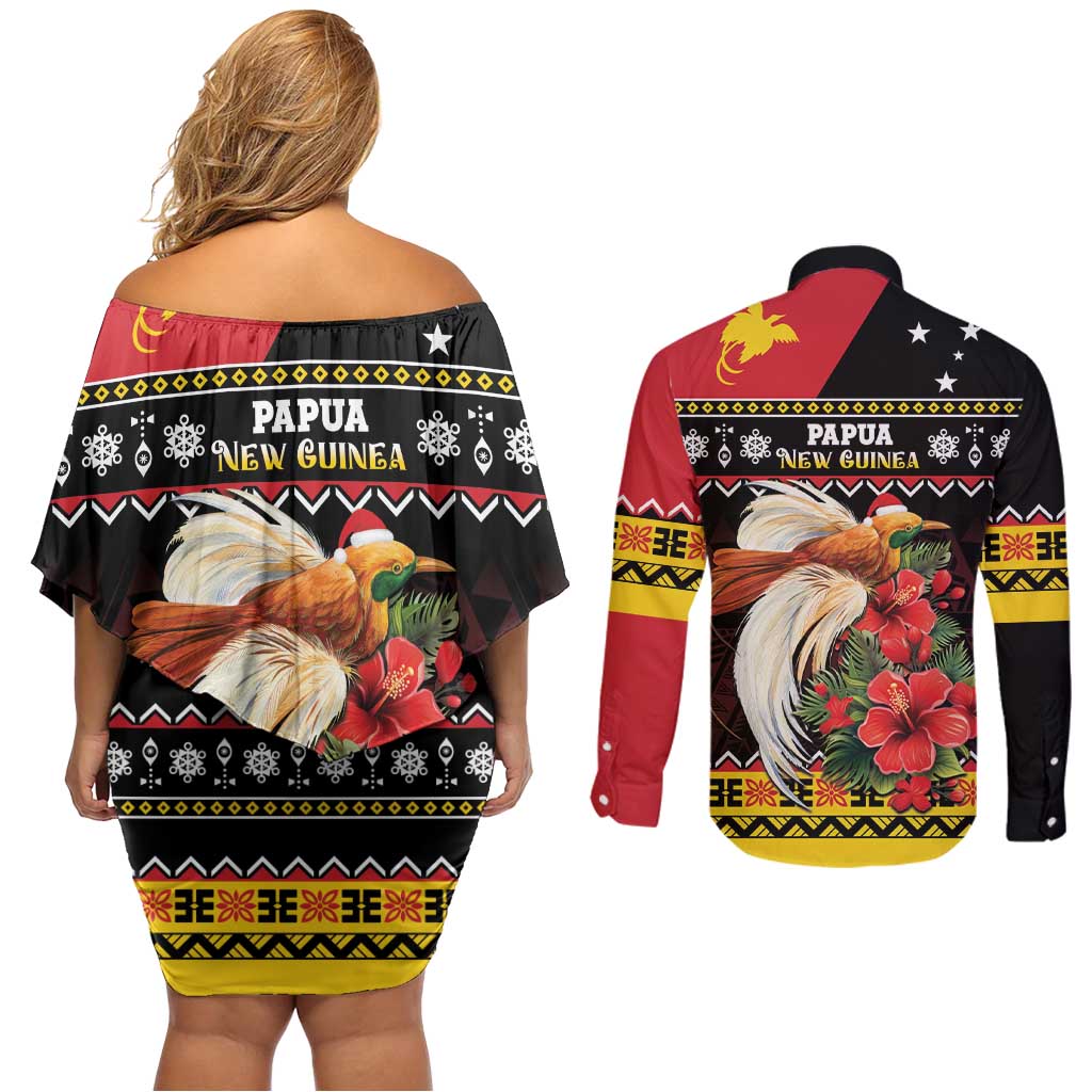 Papua New Guinea Christmas Couples Matching Off Shoulder Short Dress and Long Sleeve Button Shirt Bird Of Paradise Hamamas Krismas LT05 - Polynesian Pride