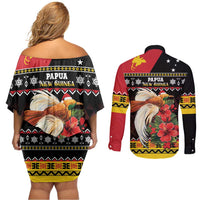 Papua New Guinea Christmas Couples Matching Off Shoulder Short Dress and Long Sleeve Button Shirt Bird Of Paradise Hamamas Krismas LT05 - Polynesian Pride