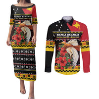 Papua New Guinea Christmas Couples Matching Puletasi and Long Sleeve Button Shirt Bird Of Paradise Hamamas Krismas LT05 Black - Polynesian Pride