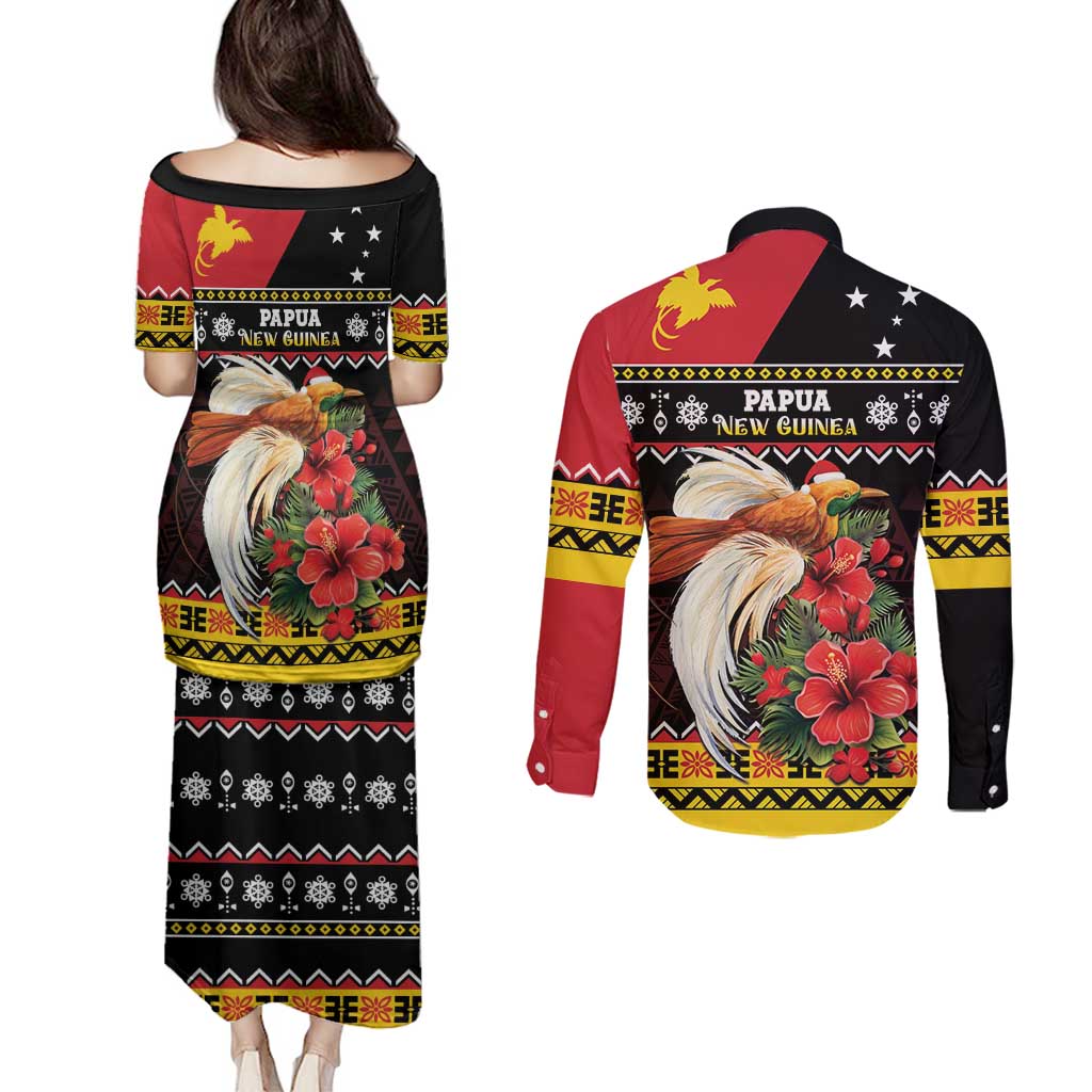 Papua New Guinea Christmas Couples Matching Puletasi and Long Sleeve Button Shirt Bird Of Paradise Hamamas Krismas LT05 - Polynesian Pride