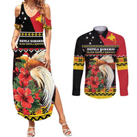 Papua New Guinea Christmas Couples Matching Summer Maxi Dress and Long Sleeve Button Shirt Bird Of Paradise Hamamas Krismas LT05 Black - Polynesian Pride