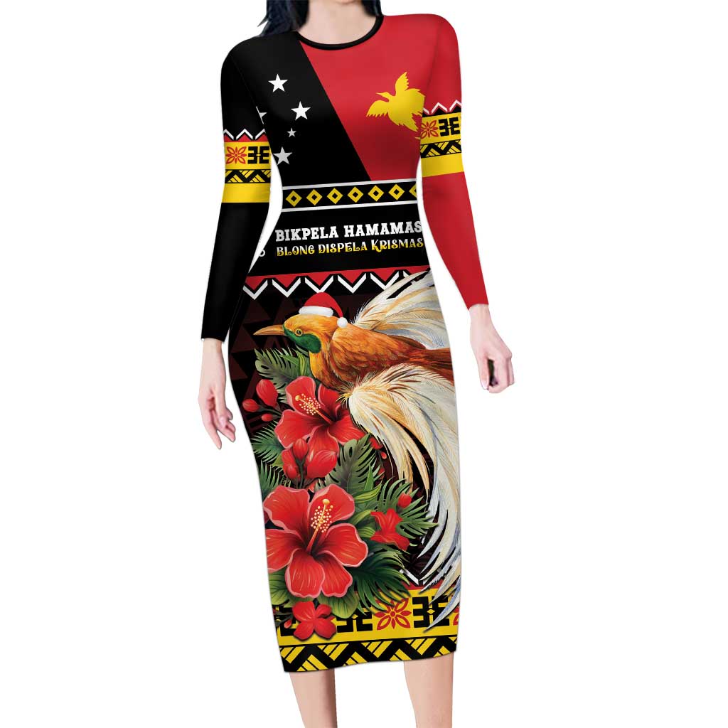 Papua New Guinea Christmas Family Matching Long Sleeve Bodycon Dress and Hawaiian Shirt Bird Of Paradise Hamamas Krismas LT05 Mom's Dress Black - Polynesian Pride
