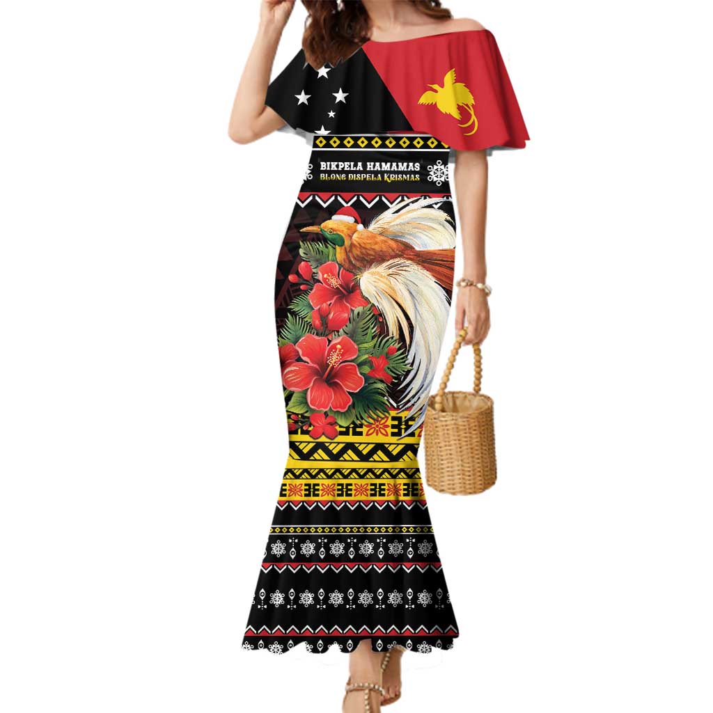 Papua New Guinea Christmas Family Matching Mermaid Dress and Hawaiian Shirt Bird Of Paradise Hamamas Krismas LT05 Mom's Dress Black - Polynesian Pride