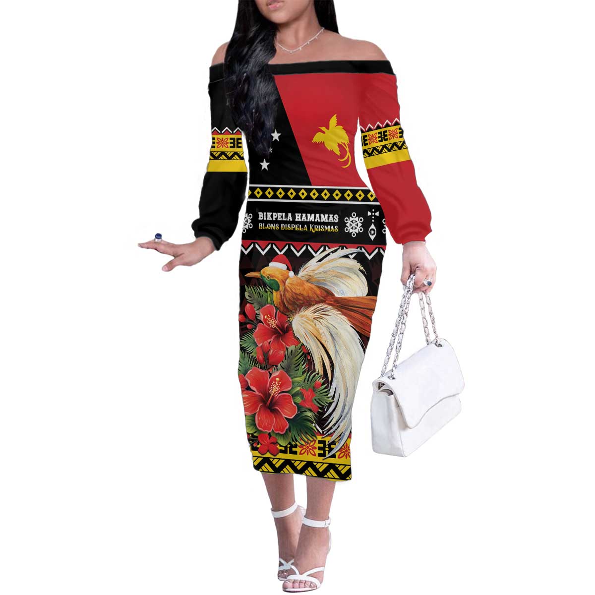 Papua New Guinea Christmas Family Matching Off The Shoulder Long Sleeve Dress and Hawaiian Shirt Bird Of Paradise Hamamas Krismas LT05 Mom's Dress Black - Polynesian Pride