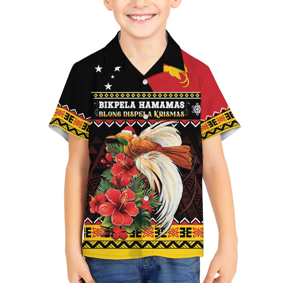 Papua New Guinea Christmas Family Matching Off The Shoulder Long Sleeve Dress and Hawaiian Shirt Bird Of Paradise Hamamas Krismas LT05 Son's Shirt Black - Polynesian Pride