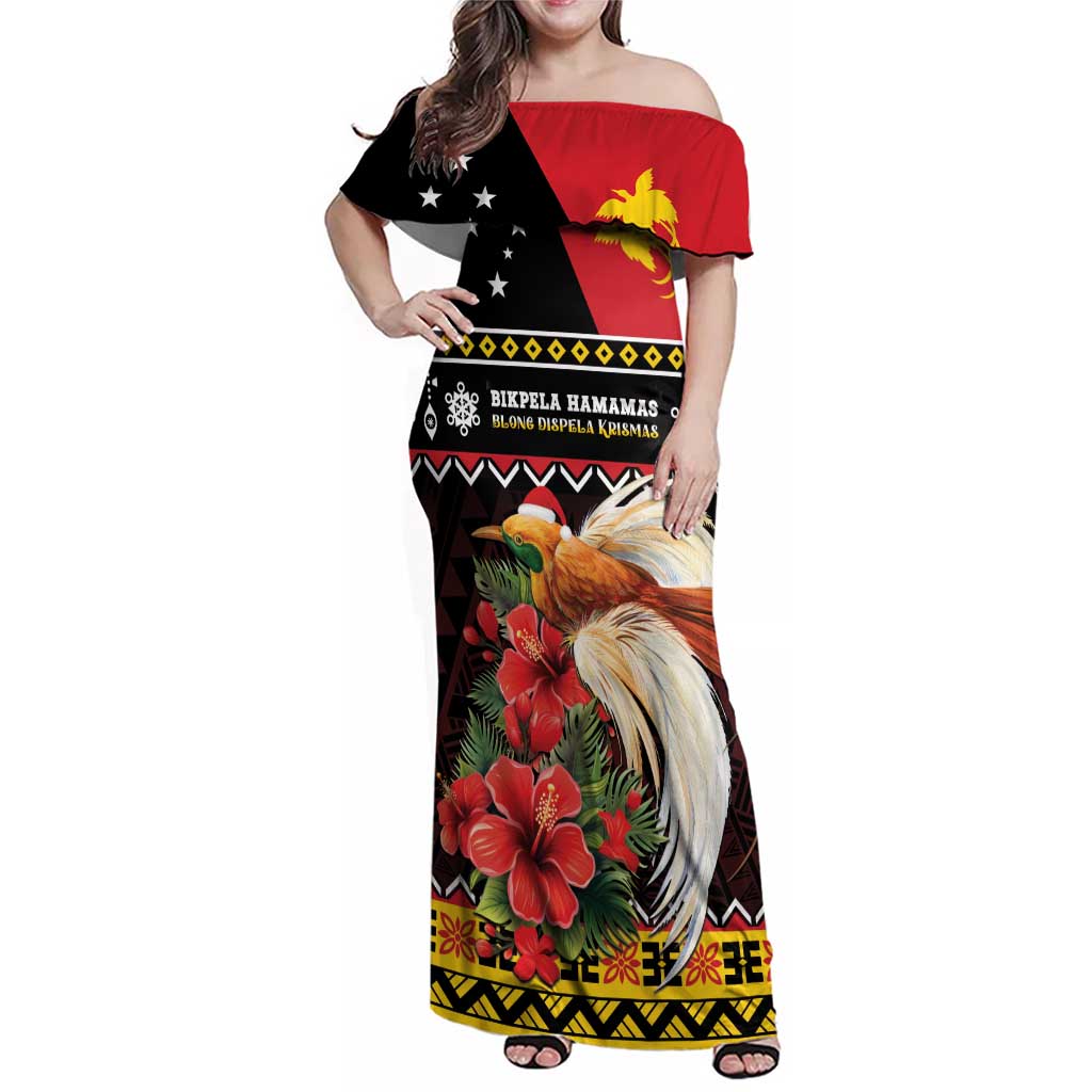 Papua New Guinea Christmas Family Matching Off Shoulder Maxi Dress and Hawaiian Shirt Bird Of Paradise Hamamas Krismas LT05 Mom's Dress Black - Polynesian Pride
