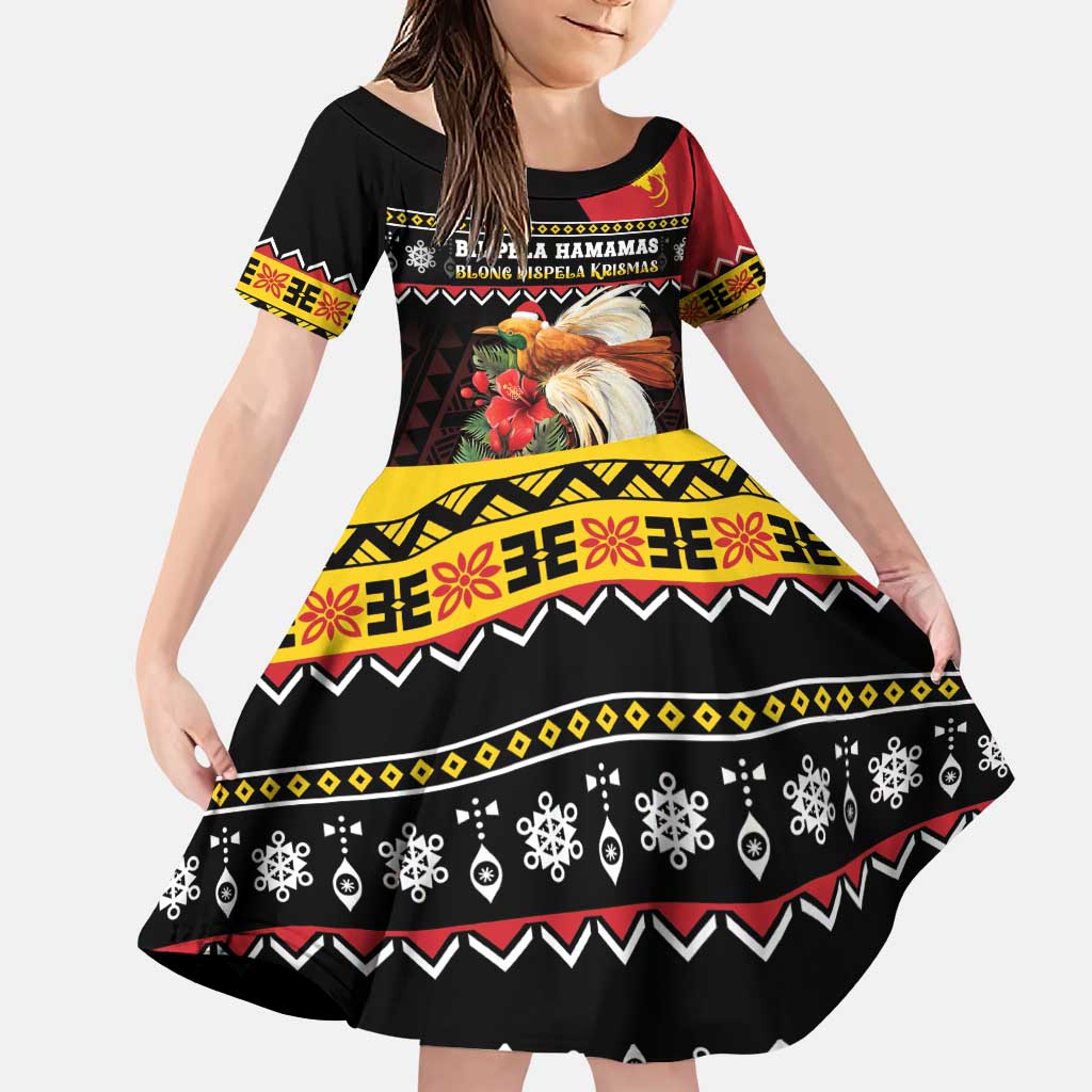 Papua New Guinea Christmas Family Matching Puletasi and Hawaiian Shirt Bird Of Paradise Hamamas Krismas LT05 Daughter's Dress Black - Polynesian Pride