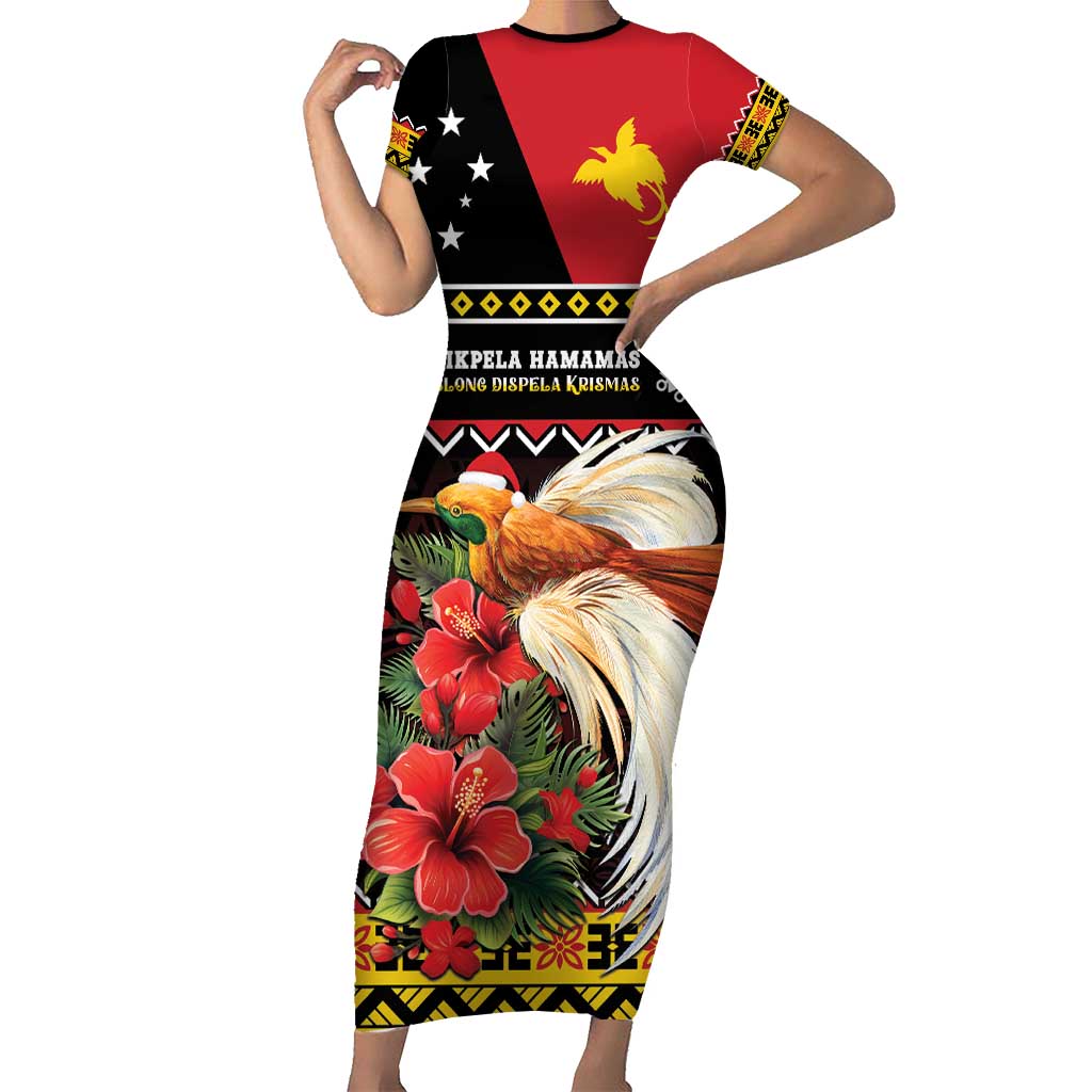 Papua New Guinea Christmas Family Matching Short Sleeve Bodycon Dress and Hawaiian Shirt Bird Of Paradise Hamamas Krismas LT05 Mom's Dress Black - Polynesian Pride
