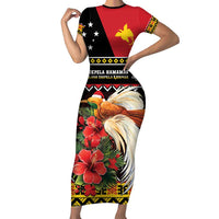 Papua New Guinea Christmas Family Matching Short Sleeve Bodycon Dress and Hawaiian Shirt Bird Of Paradise Hamamas Krismas LT05 Mom's Dress Black - Polynesian Pride