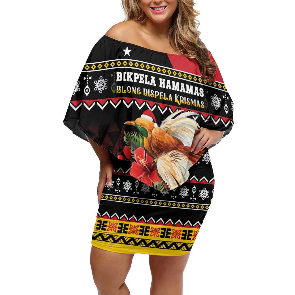 Papua New Guinea Christmas Off Shoulder Short Dress Bird Of Paradise Hamamas Krismas LT05 Women Black - Polynesian Pride