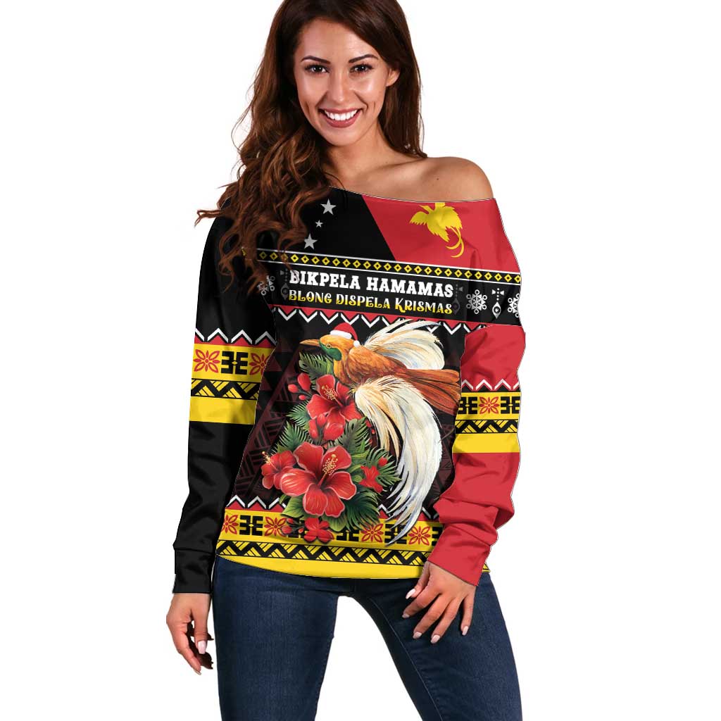 Papua New Guinea Christmas Off Shoulder Sweater Bird Of Paradise Hamamas Krismas LT05 Women Black - Polynesian Pride