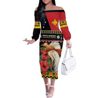 Papua New Guinea Christmas Off The Shoulder Long Sleeve Dress Bird Of Paradise Hamamas Krismas LT05 Women Black - Polynesian Pride