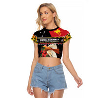 Papua New Guinea Christmas Raglan Cropped T Shirt Bird Of Paradise Hamamas Krismas LT05 Female Black - Polynesian Pride